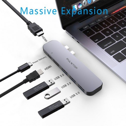 PULWTOP Aluminum USB C To Dual HDMI 6-In-1 Adapter,Docking Staiton Hub